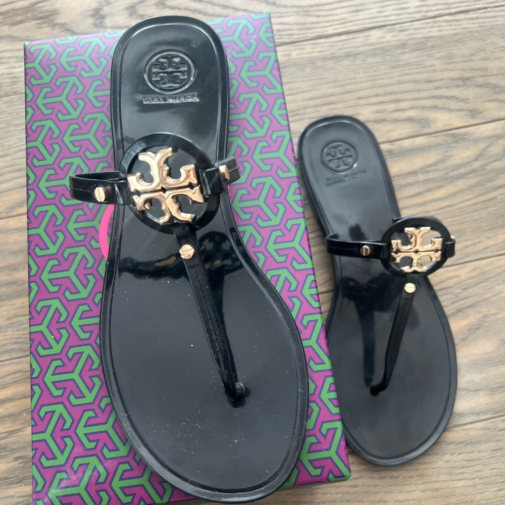 Tory Burch Black Jelly Thong Sandals with Gold Logo